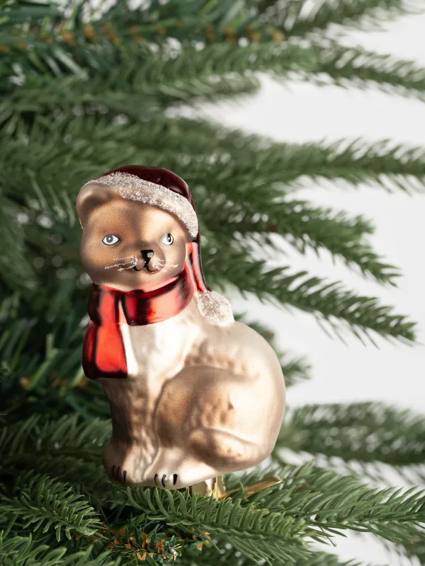 Игрушка елочная, 9 см, на клипсе, стекло, бронзовая, Кот в шарфике, Figure christmas, image-3