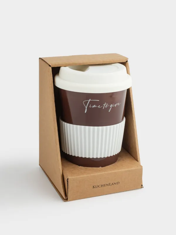 Стакан, 15 см, 430 мл, с крышкой и зарфом, фарфор N/силикон, коричнево-молочный, Magic moments, image-5