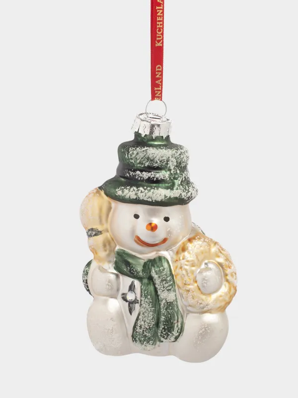 Игрушка елочная, 10 см, стекло, с блестками, бело-зеленая, Снеговик, Figure christmas, image-0