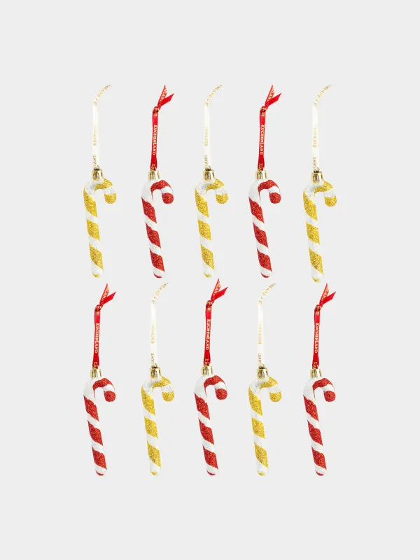 Набор елочных игрушек, 7 см, 10 шт, пластик, с блестками, золотистый, Трость, Figure sparkle, image-0