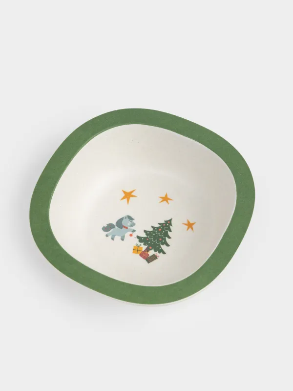 Тарелка суповая, детская, 14х4 см, бамбук, зеленая, Лошадка с елкой, Little horse, image-1