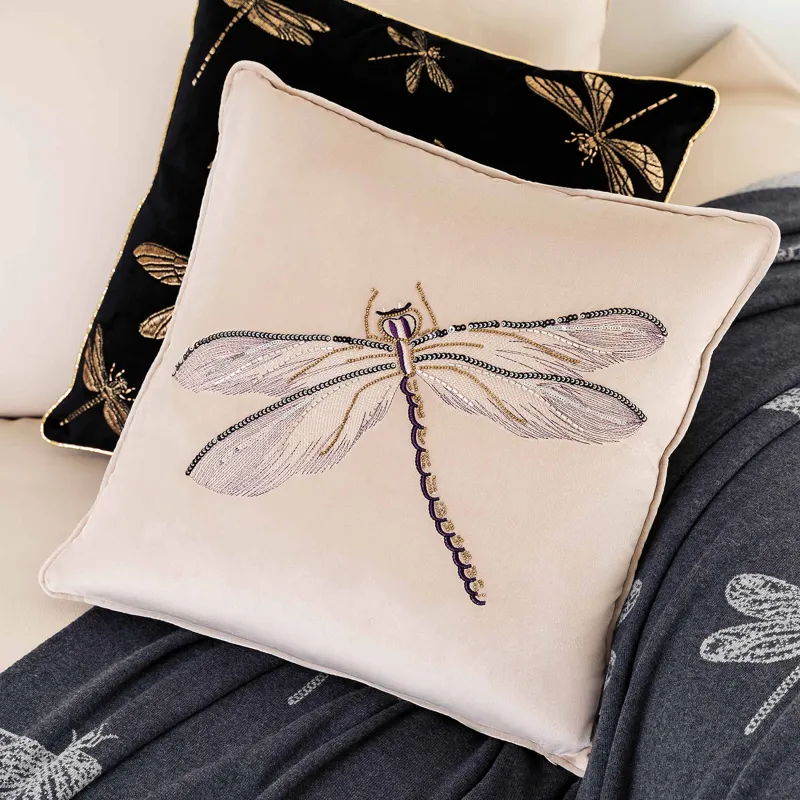 Подушка декоративная, 45х45 см, вельвет/бисер, бежевая, Стрекоза, Dragonfly