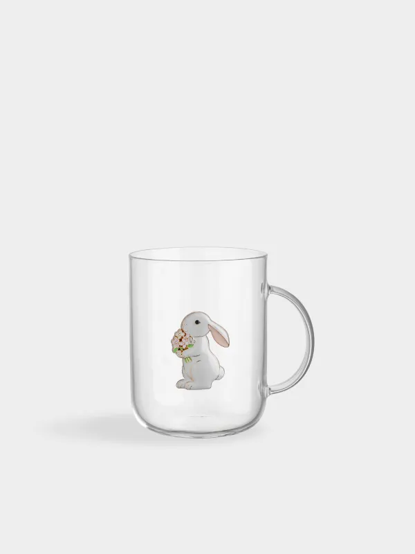Кружка, 450 мл, стекло Б/металл, Кролик с цветами, Lux elements, image-0