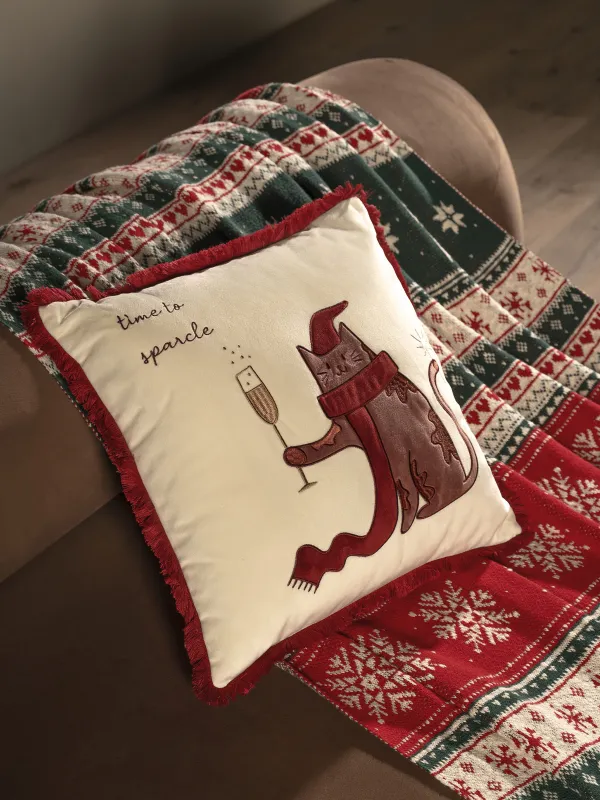Подушка декоративная, 45х45 см, с бахромой, вельвет, молочная, Кот, Christmas cat, image-5