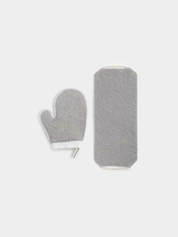 Набор для душа, 2 пр, мочалка-лента/мочалка-варежка, нейлон/хлопок, серый, Unique spa, image-0