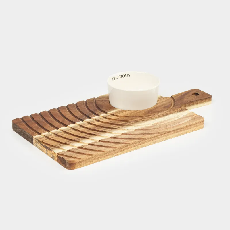 Блюдо для закусок, 33х18 см, с пиалой, дерево/керамика, Фактурные линии, Noble flow