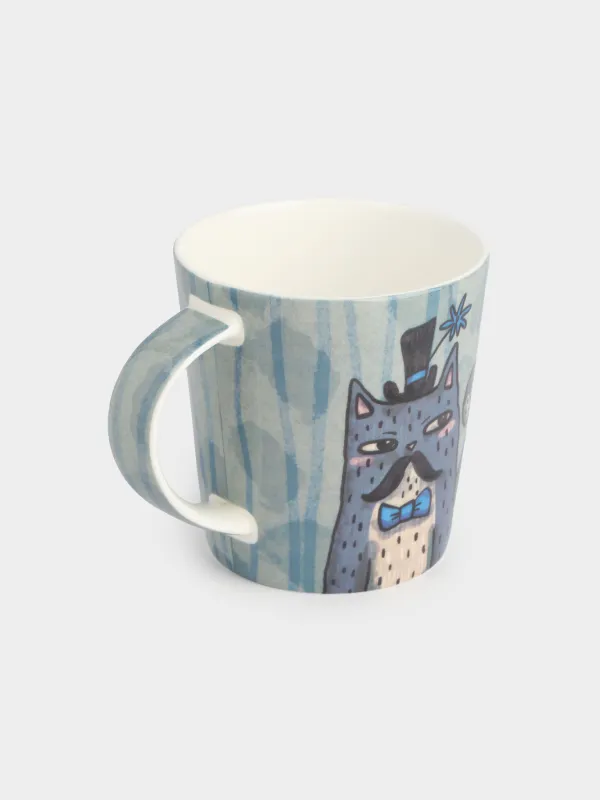 Кружка, 450 мл, фарфор F, голубая, Кот с усами, Cat, image-1