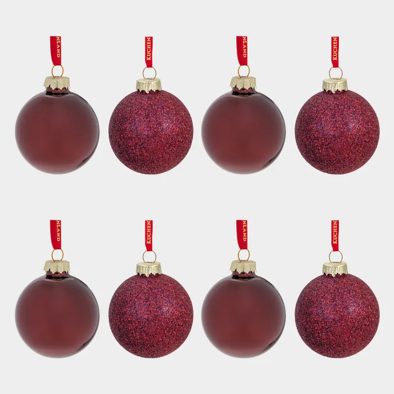 Набор елочных игрушек, 4 см, 8 шт, стекло, с блестками, бордовый, Шар, Ball sparkle
