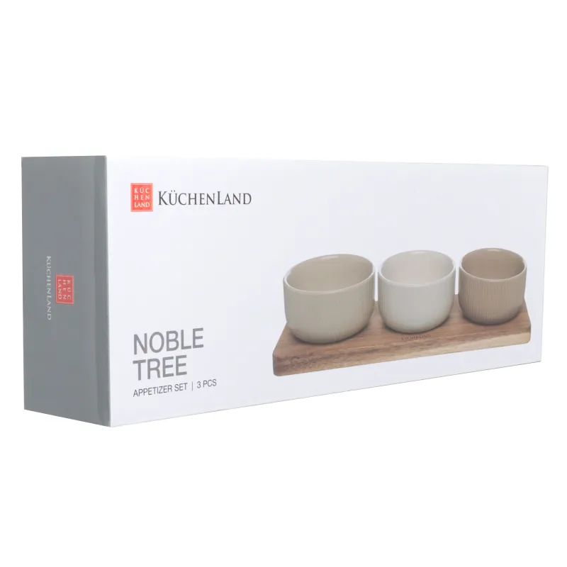 Набор для закусок, 3 пр, на подставке, керамика/дерево, микс, Ребристые пиалы, Noble tree, image-4