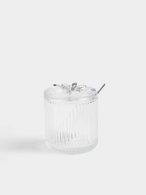 Сахарница, 9,5х12 см, 400 мл, с ложкой, стекло/металл, Серебристые цветы, Ribby silver, image-0