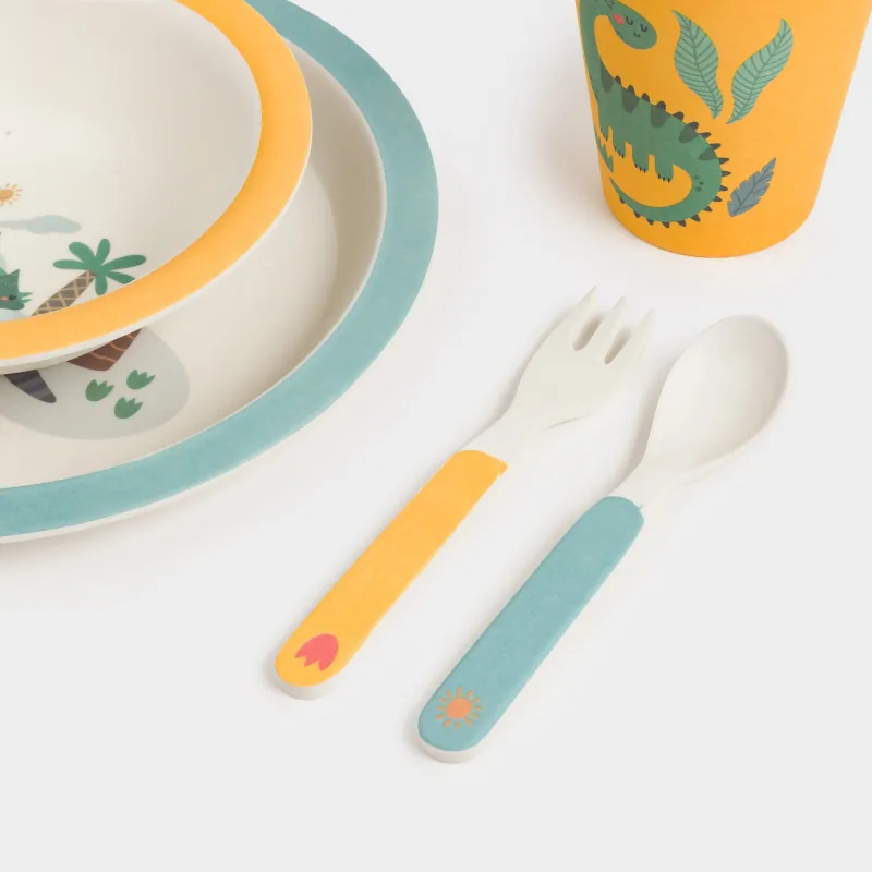 Набор посуды, детский, 1 перс, 5 пр, бамбук, желто-голубой, Динозавры, Dino, image-1