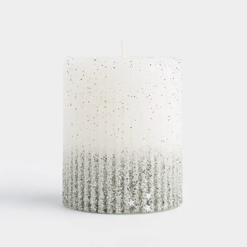 Свеча, 8 см, цилиндрическая, с блестками, бело-серебристая, Metallic glow