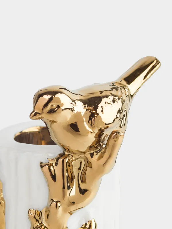 Подставка для зубочисток, 8 см, фарфор P, молочно-золотистая, Птица на ветке, Paradise garden, image-2