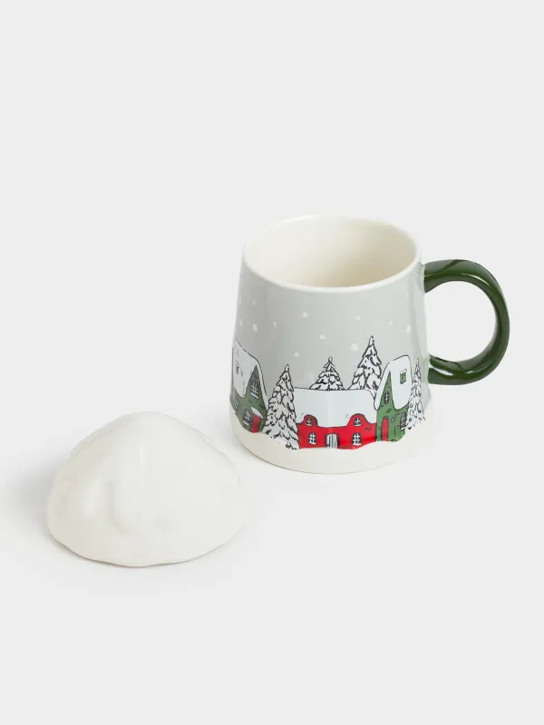 Кружка, 350 мл, с крышкой, фарфор N, серо-зеленая, Дома в снежном лесу, Forest house, image-5
