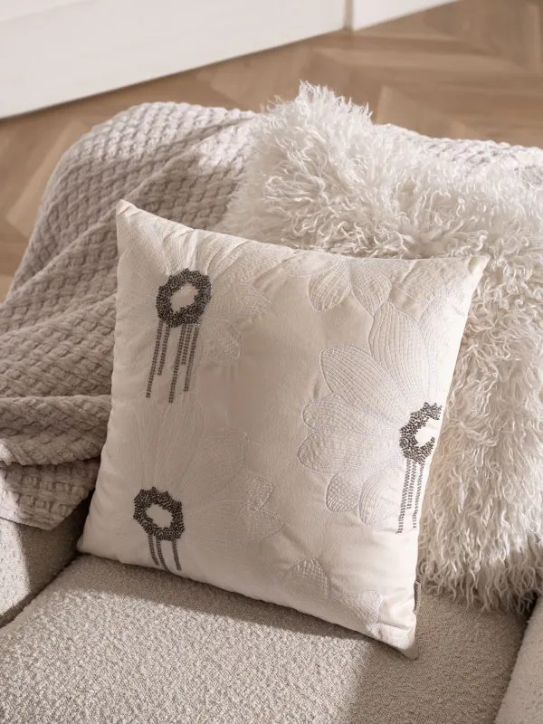 Подушка декоративная, 45х45 см, вельвет/бисер, молочная, Цветы, Print, image-5