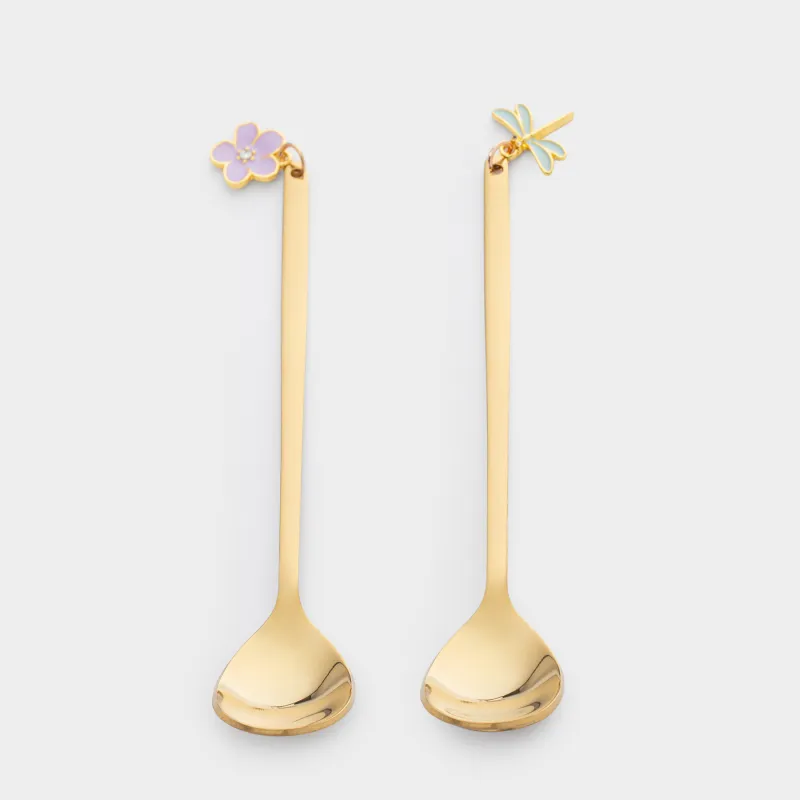 Ложка десертная, 14 см, 2 шт, сталь, золотистая, Стрекоза/Цветок, Bloome