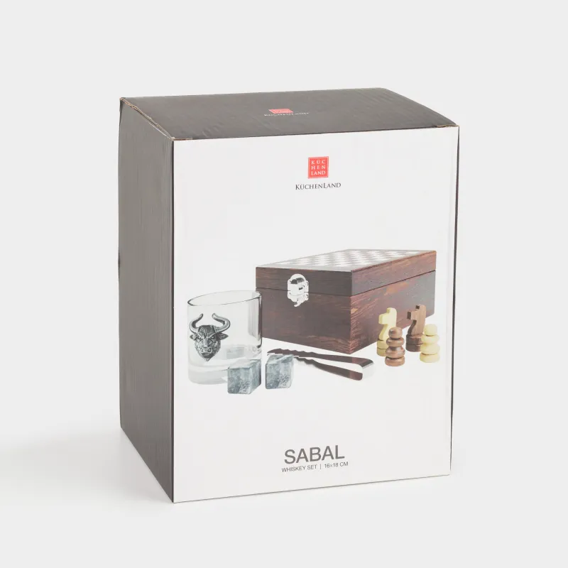 Набор для виски, 1 перс, 4 пр, в коробке, стакан/кубики/щипцы, стекло/мрамор, Шахматы, Sabal, image-9