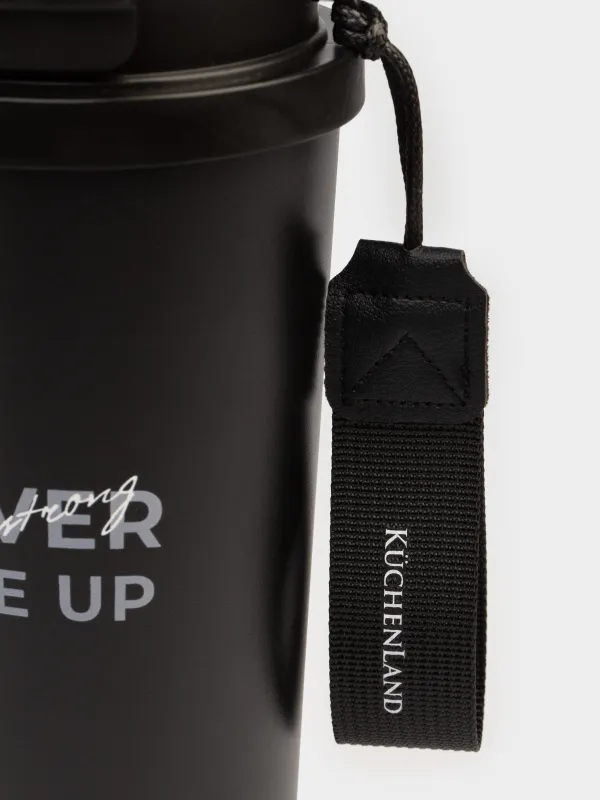 Термокружка, 500 мл, клапан/трубочка, с ремешком, сталь/пластик, черно-золотистая, Ballad, image-4