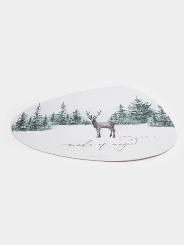Салфетка под приборы, 37х45 см, ПВХ, фигурная, белая, Олень в лесу, Rock print, image-1