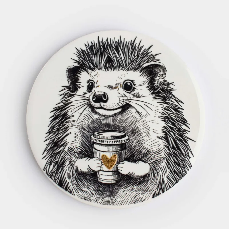Подставка под кружку, 11 см, круглая, керамика/пробка, белая, Еж с кофе, Forest animals