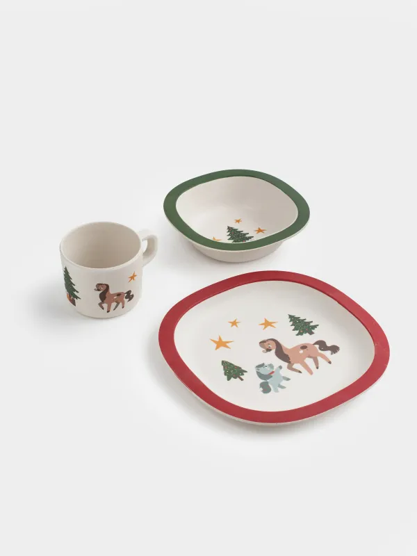 Набор посуды, детский, 1 перс, 3 пр, бамбук, красно-зеленый, Лошадки с елкой, Little horse, image-4