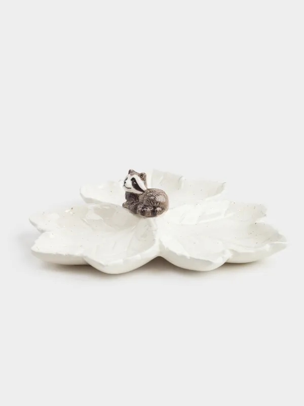 Менажница, с декором, 21 см, 3 отд, керамика, молочная, в крапинку, Енот на листьях, Slight frost, image-0