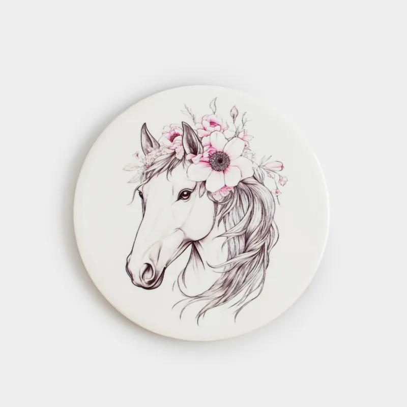 Подставка под кружку, 11 см, круглая, керамика/пробка, белая, Лошадь в венке, Horse in flowers
