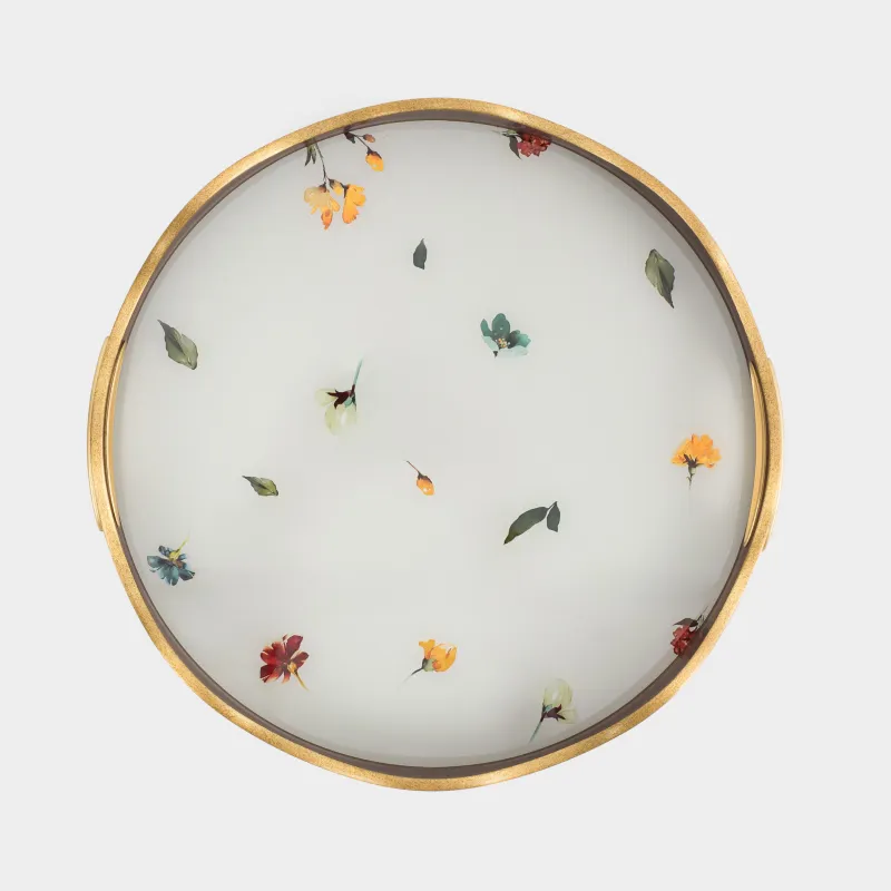 Поднос, 34 см, пластик/стекло, круглый, золотистый, Цветы, Generic flowers, image-2