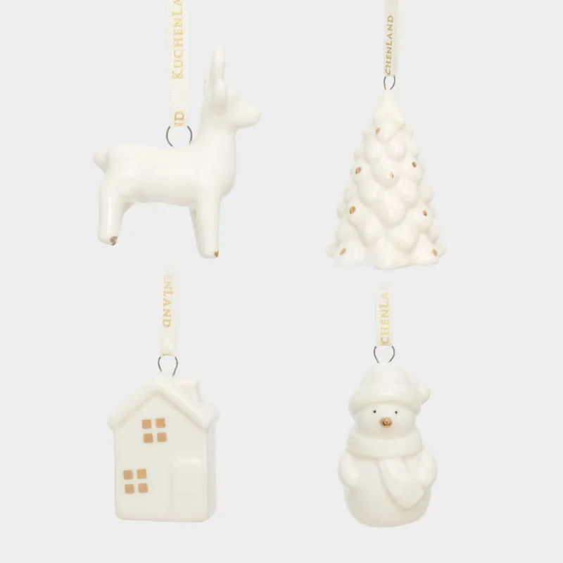 Набор елочных игрушек, 5 см, 4 шт, фарфор P, белый, Дом/Ель/Снеговик/Олень, Figure christmas