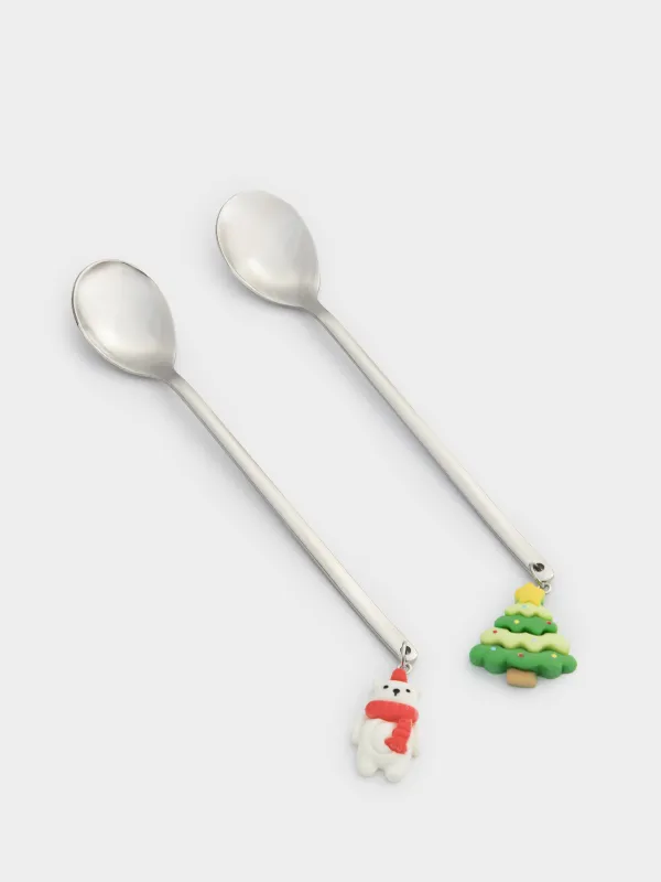 Ложка десертная, 14 см, 2 шт, сталь/пластик, Медвежонок/Елка, Funny friends, image-0