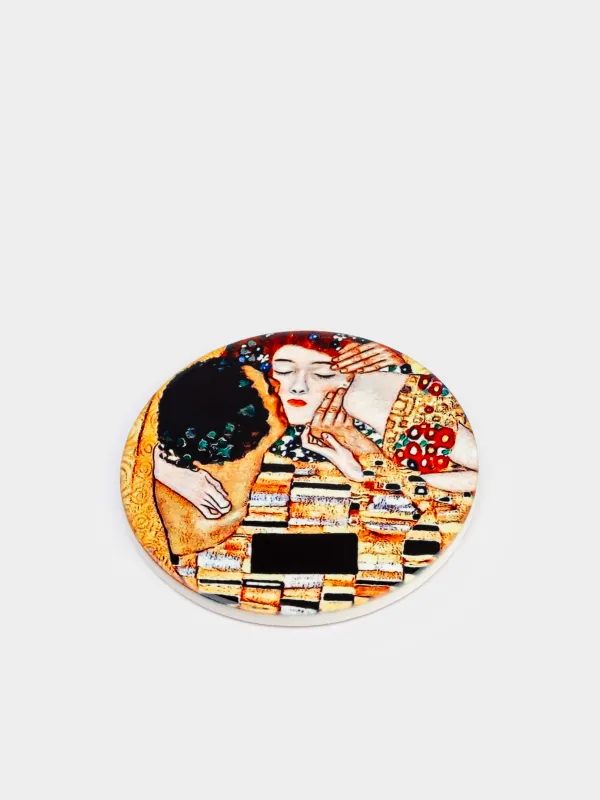 Подставка под кружку, 11 см, круглая, керамика/пробка, Климт, Поцелуй, Art поцелуй, image-1