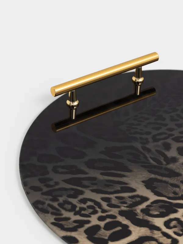 Поднос, 35 см, с ручками, стекло/сталь, круглый, коричневый, Леопард, Leopard, image-3