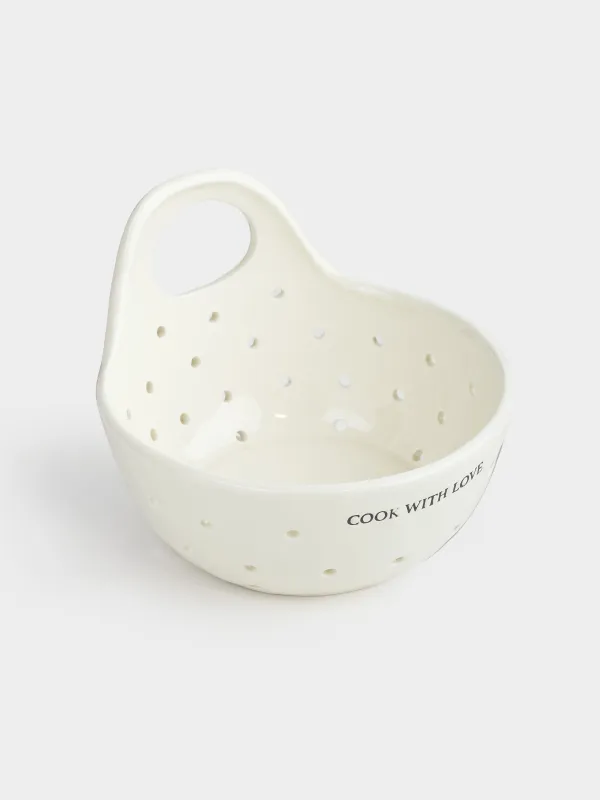 Дуршлаг, 15 см, с ручкой, керамика, молочный, Crumple font, image-1
