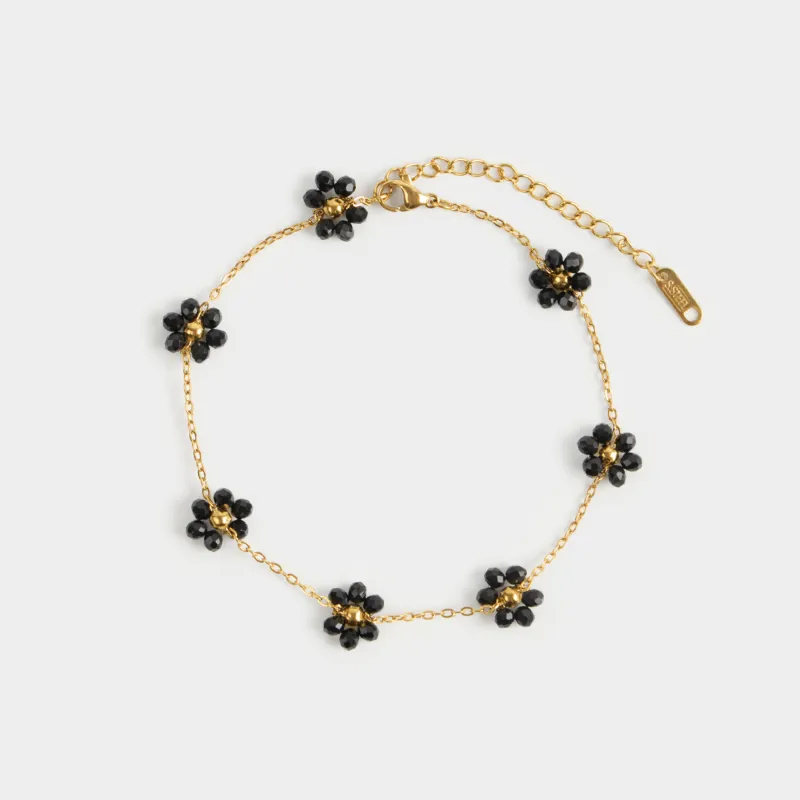 Браслет на ногу, 30 см, металл/стекло, черный, Цветы, Jewelry flower