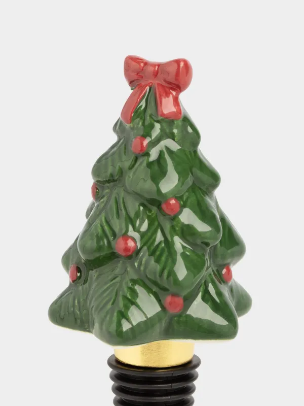 Пробка для винной бутылки, 12 см, металл/керамика, зеленая, Ель с бантом, Christmas traditions, image-1