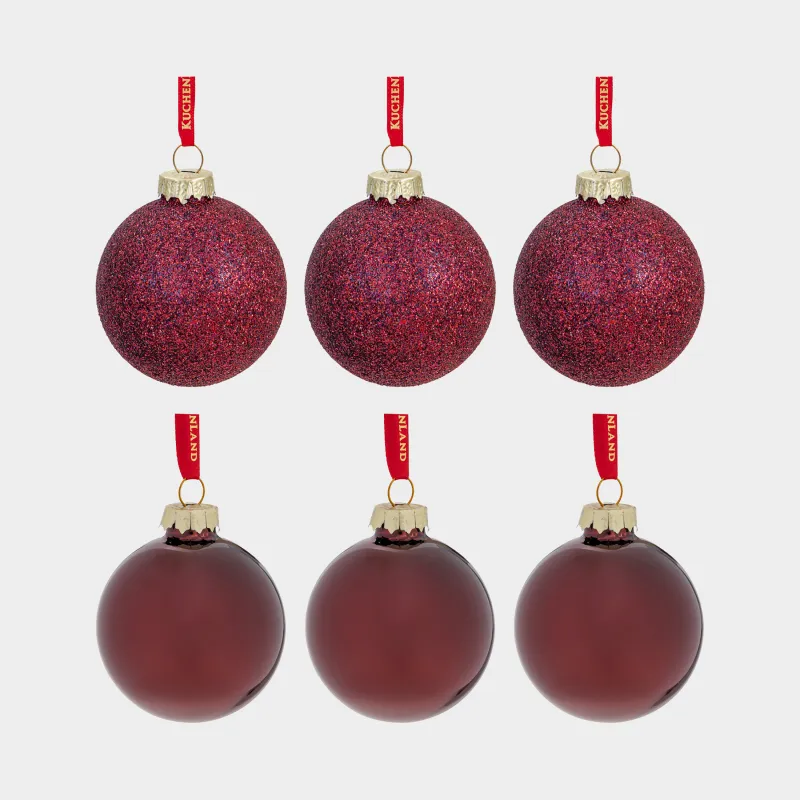 Набор елочных игрушек, 6 см, 6 шт, стекло, с блестками, бордовый, Шар, Ball sparkle