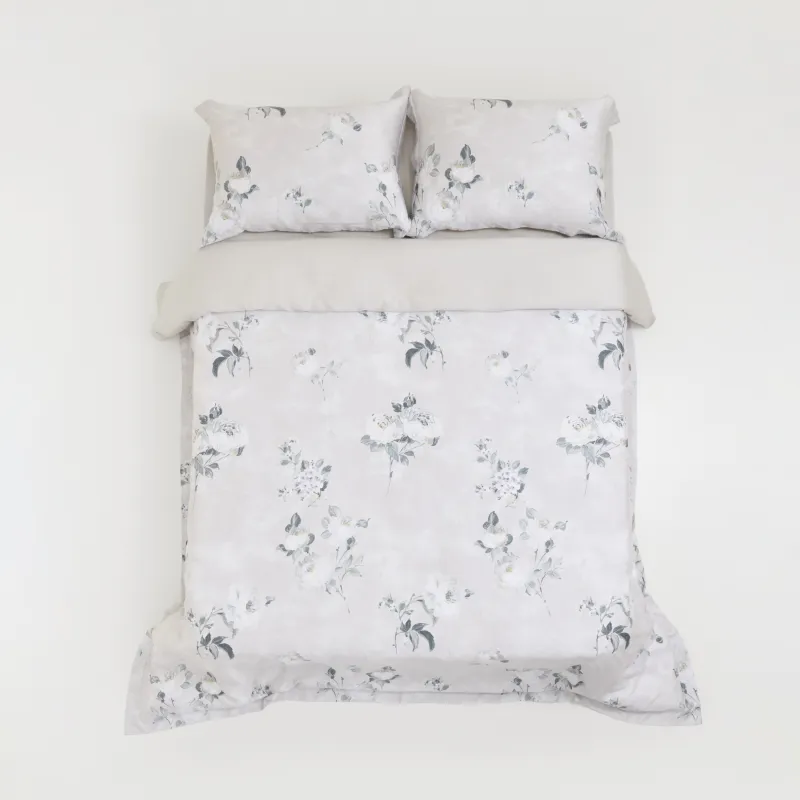 КПБ евро, тенсель 300 ТС, светло-серый, Цветы, Tencel