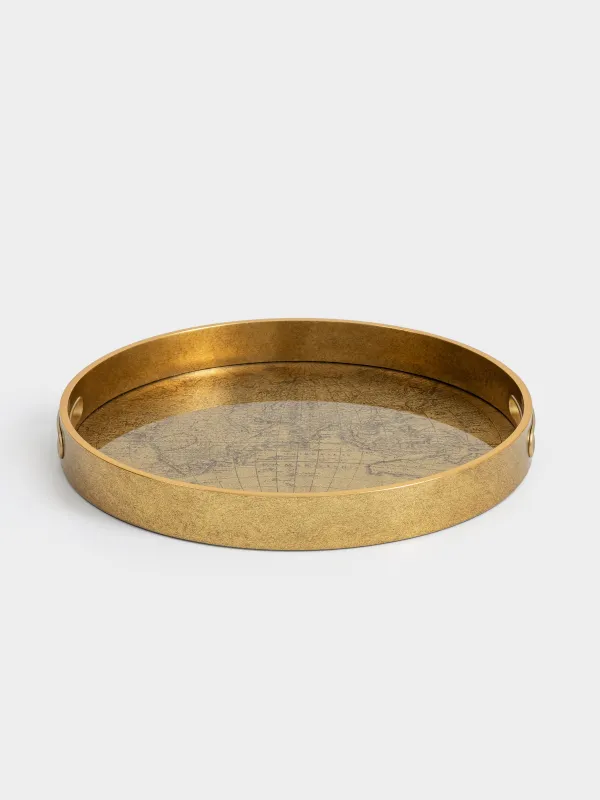 Поднос, 34 см, пластик/стекло, круглый, золотистый, Земной шар, Discovery, image-0
