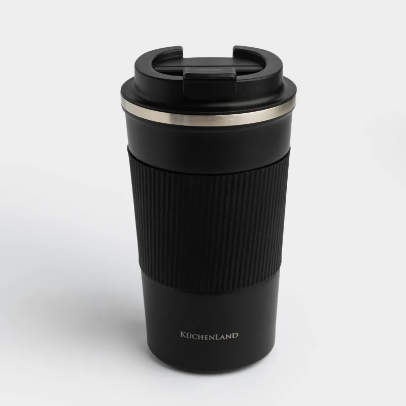 Термокружка, 450 мл, с зарфом, сталь/пластик/силикон, черная, Coffee life