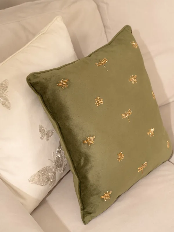 Подушка декоративная, 45х45 см, вельвет/бисер, зеленая, Стрекозы и жуки, Bugs, image-6