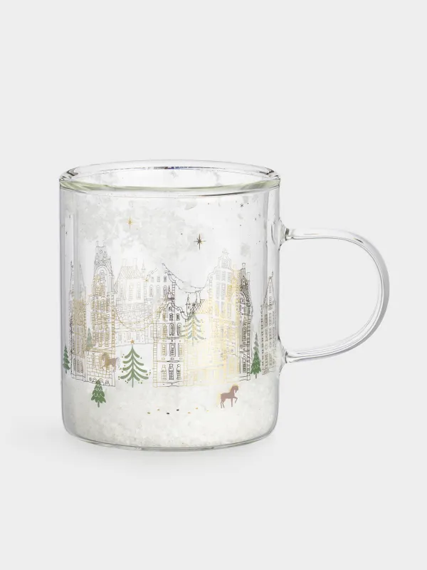 Кружка, 350 мл, стекло Б, с блестками и со снегом внутри, Дома, Air decor, image-0