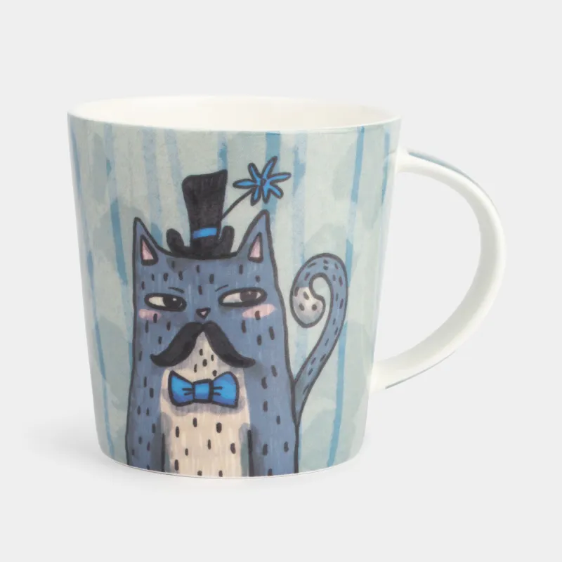 Кружка, 450 мл, фарфор F, голубая, Кот с усами, Cat