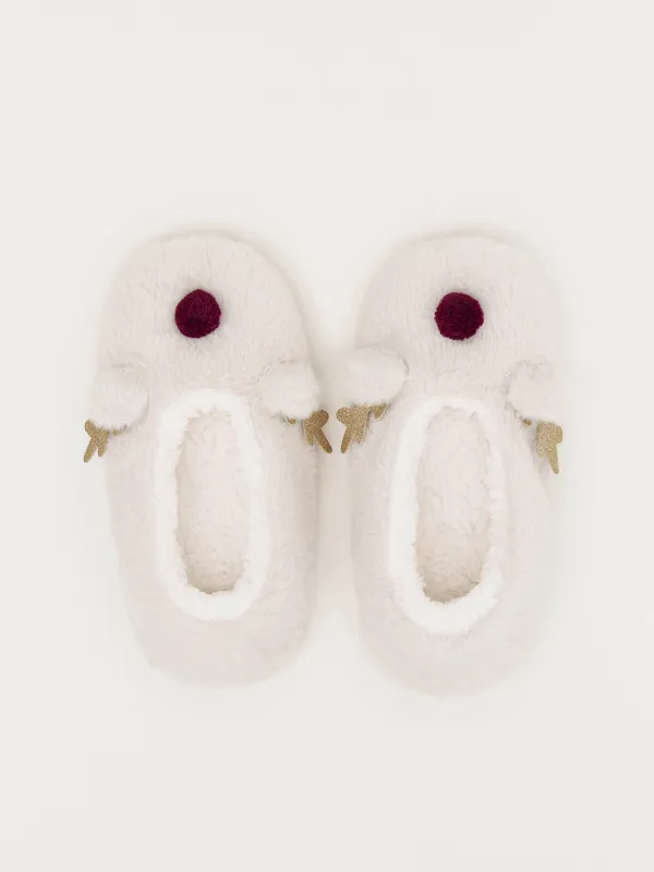 Тапочки-носки женские, домашние, искусственный мех/шерпа, бежевые, Олень, Funny warm, image-1