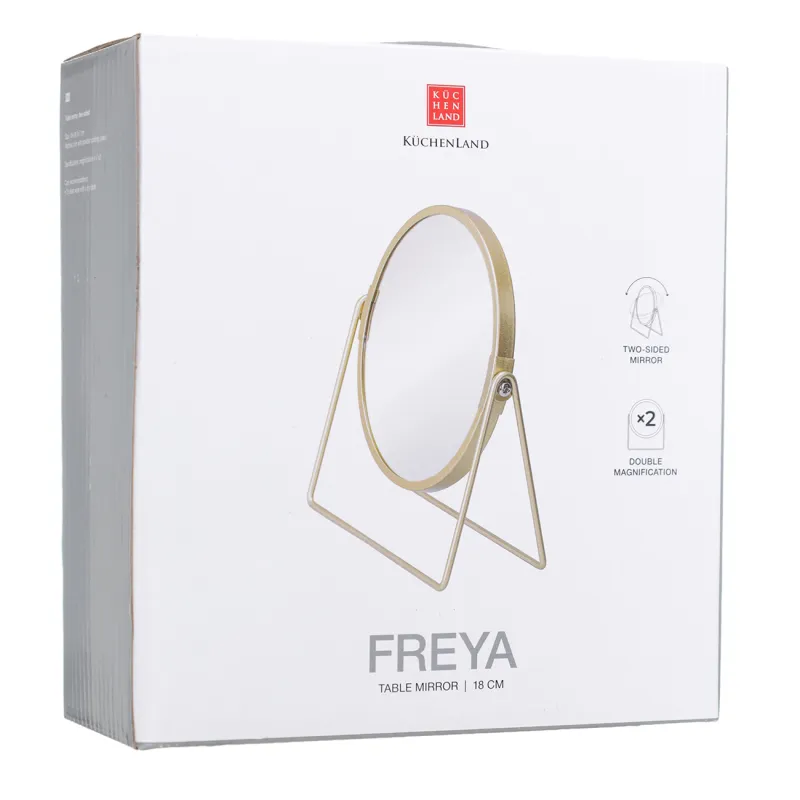 Зеркало настольное, 18 см, двустороннее, металл, круглое, золотистое, Freya, image-1