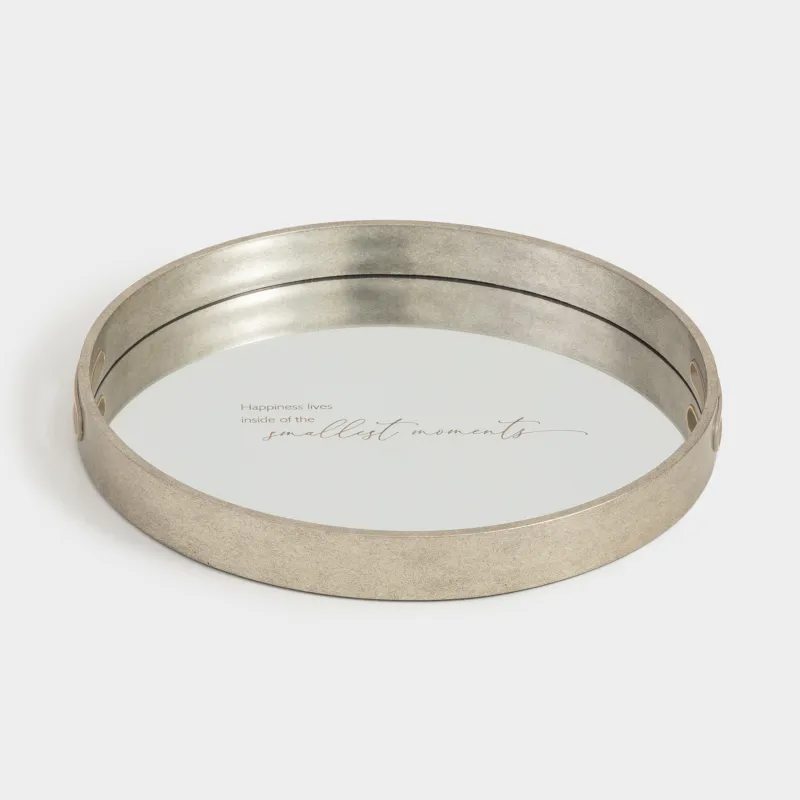 Поднос, 35 см, пластик/стекло, круглый, серебристый, Happiness, Wenory