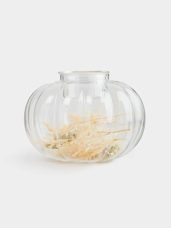 Подсвечник, 13х10 см, для чайной свечи, стекло Б, с сухоцветами и листьями, Тыква, Decor candle, image-0