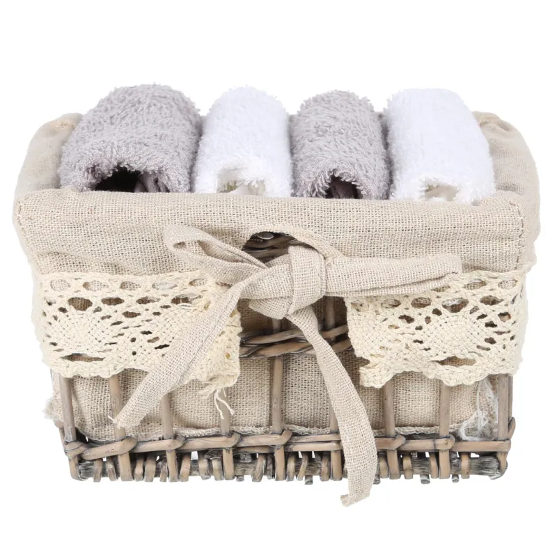 Полотенце, 30х30 см, 4 шт, в корзине, хлопок/дерево, белое/серое, Basket towel