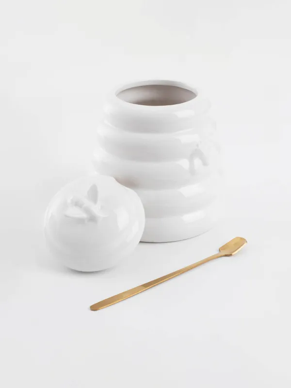 Банка для меда, 650 мл, с ложкой, керамика/сталь, молочная, Пчелы, Honey, image-2