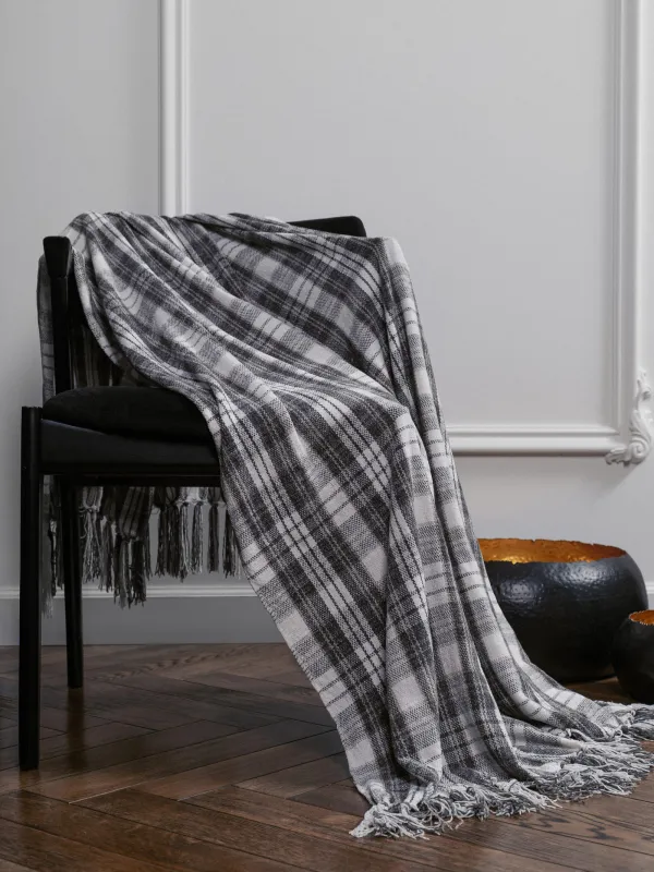 Плед, 130х170 см, с бахромой, шенилл, бело-серый, Клетка, Hazel, image-3