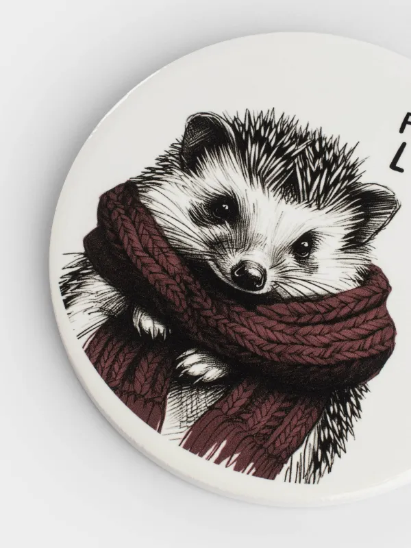 Подставка под кружку, 11 см, круглая, керамика/пробка, белая, Ежик в шарфе, Forest animals, image-4